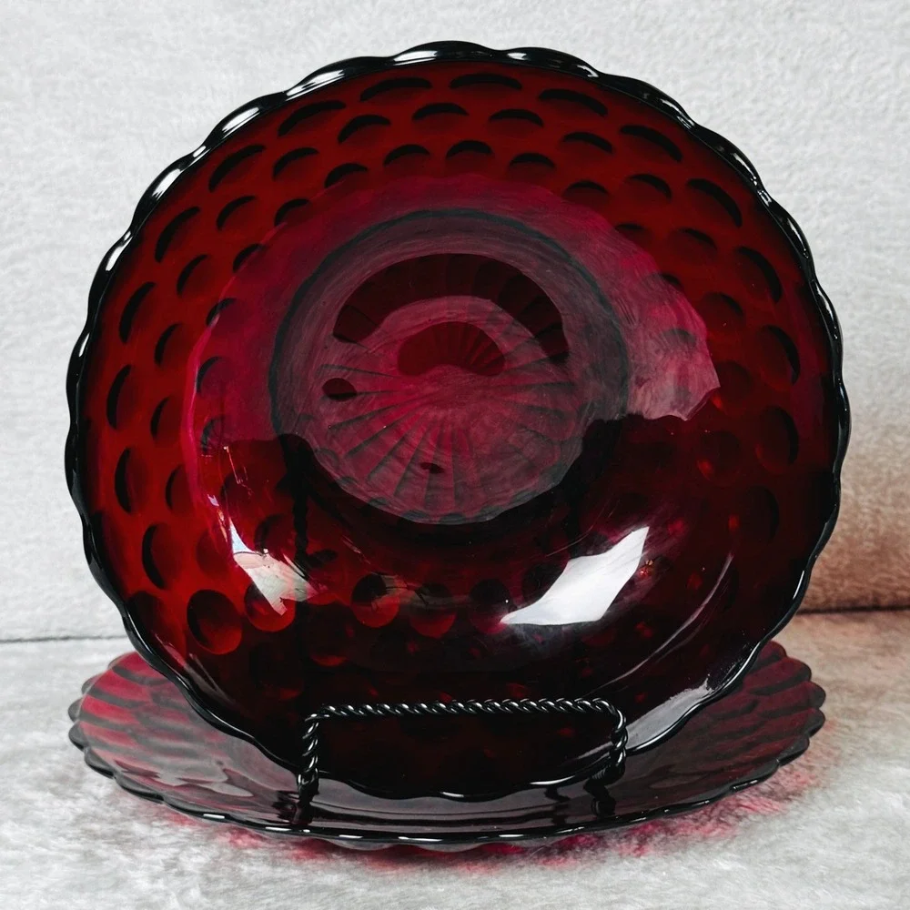 Anchor Hocking Ruby Red Glass Serving Bowl Plate Set Bubble Scalloped Vintage